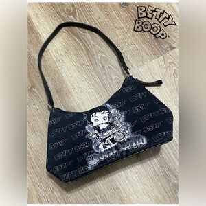 VTG Betty Boop Born Wild Rhinestone Biker Graphic Black Canvas Shoulder Bag